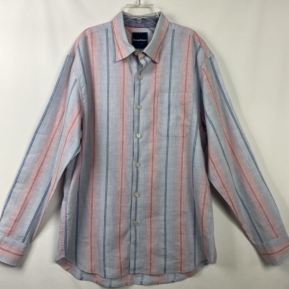 Tommy Bahama Linen Blend Shirt Men's Large Button Front Blue Pink Striped